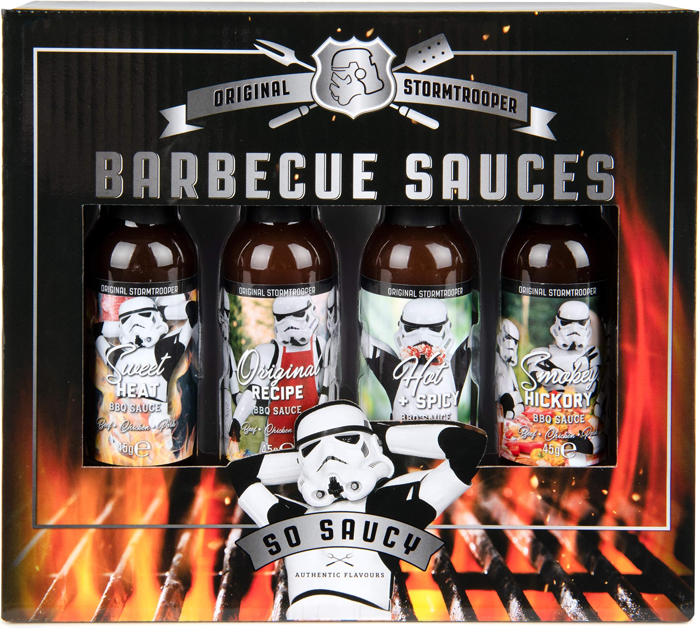 Original Stormtrooper BBQ Sauce Gift Set, Flavours Include Sweet Heat, Original, Hot and Spicy, and Smoky Hickory BBQ Sauce, Pack of 4