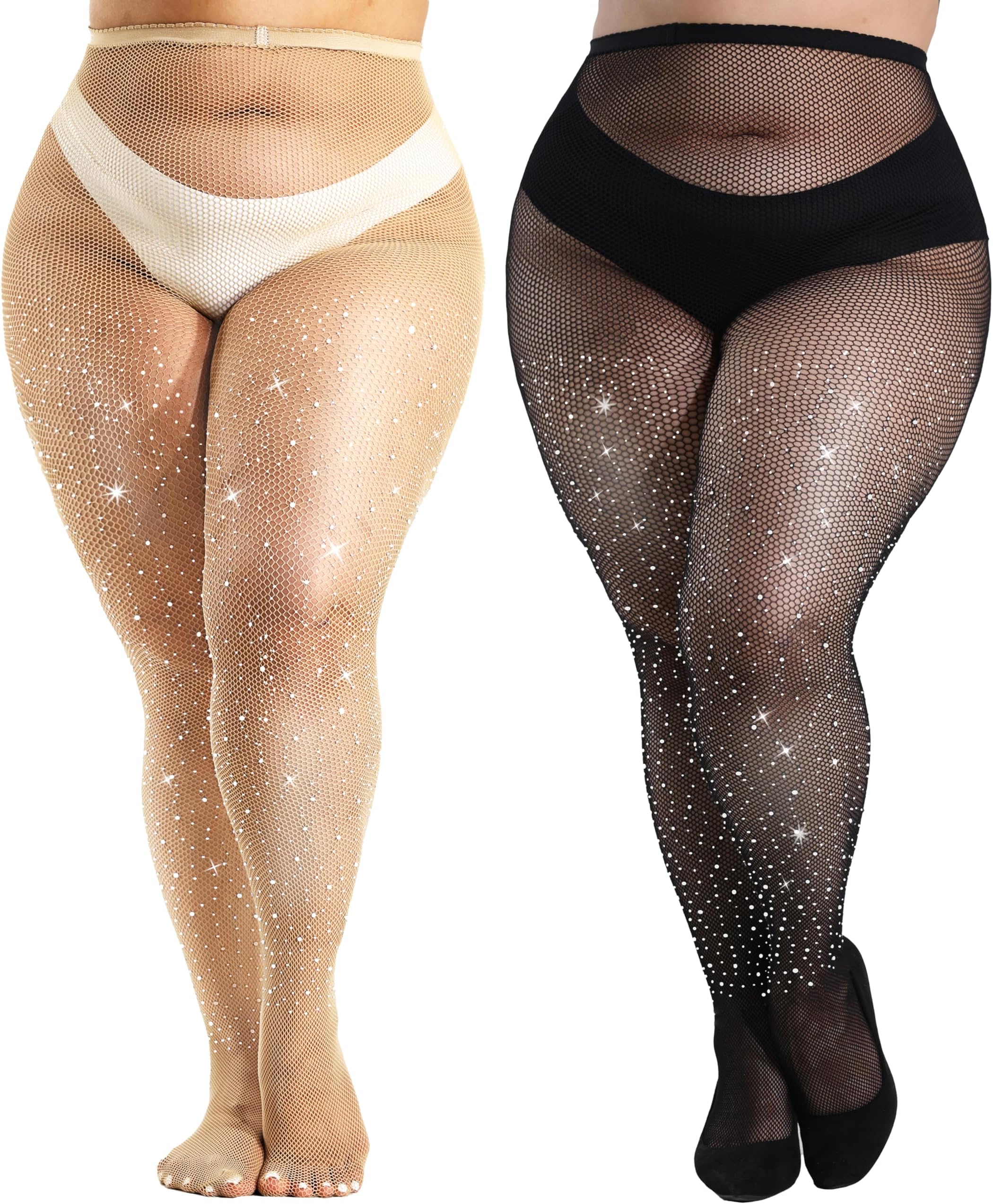 – HeyUU Plus Size Sparkly Tights for Women, Sexy Rhinestone Fishnet Tights Womens, Large Glitter Mesh Tights, High Waist Fishnet Stockings