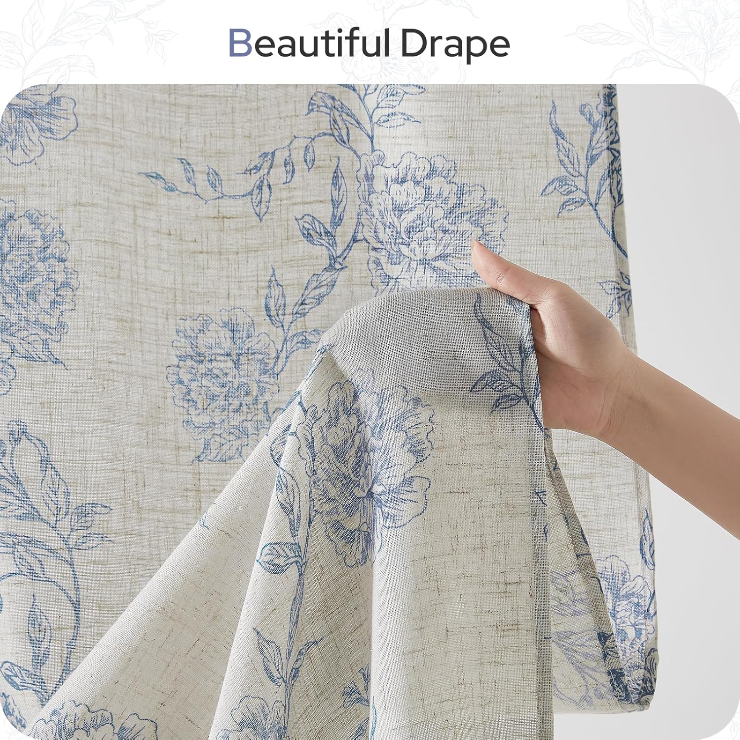 HOMEIDEAS Blue Floral Shower Curtain, Farmhouse Shower Curtains with Hooks, Fabric Faux Linen Shower Curtain Set for Farmhouse Bathroom Decor, 72x72 Inch