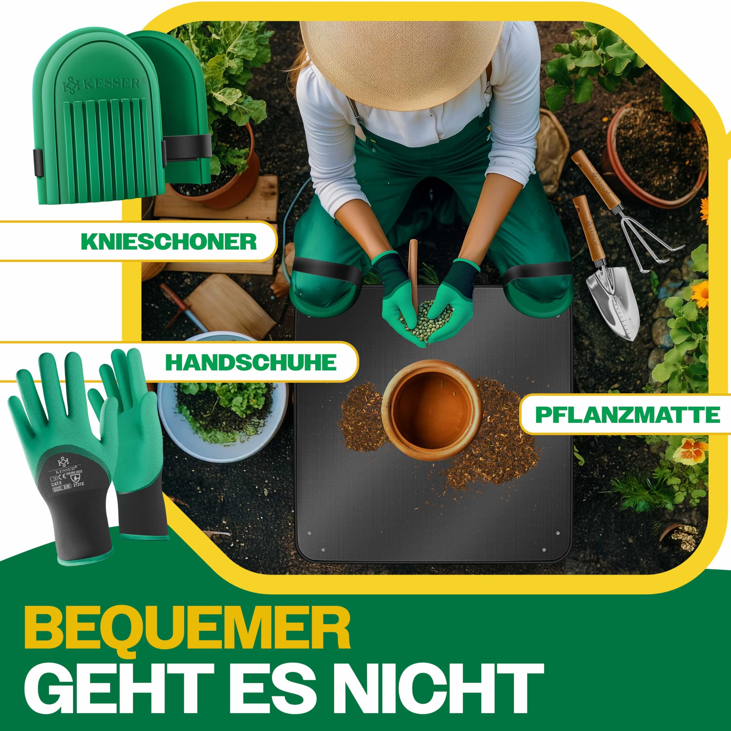 KESSER® Gartenwerkzeug Set 10-teilig mit ergonomischen Holzgriffen inkl. wasserdichte Tasche aus 600D Oxford-Material, Knieschoner, Pflanzmatte, Sprühflasche, Gartenschere, Handschuhe für Gartenarbeit