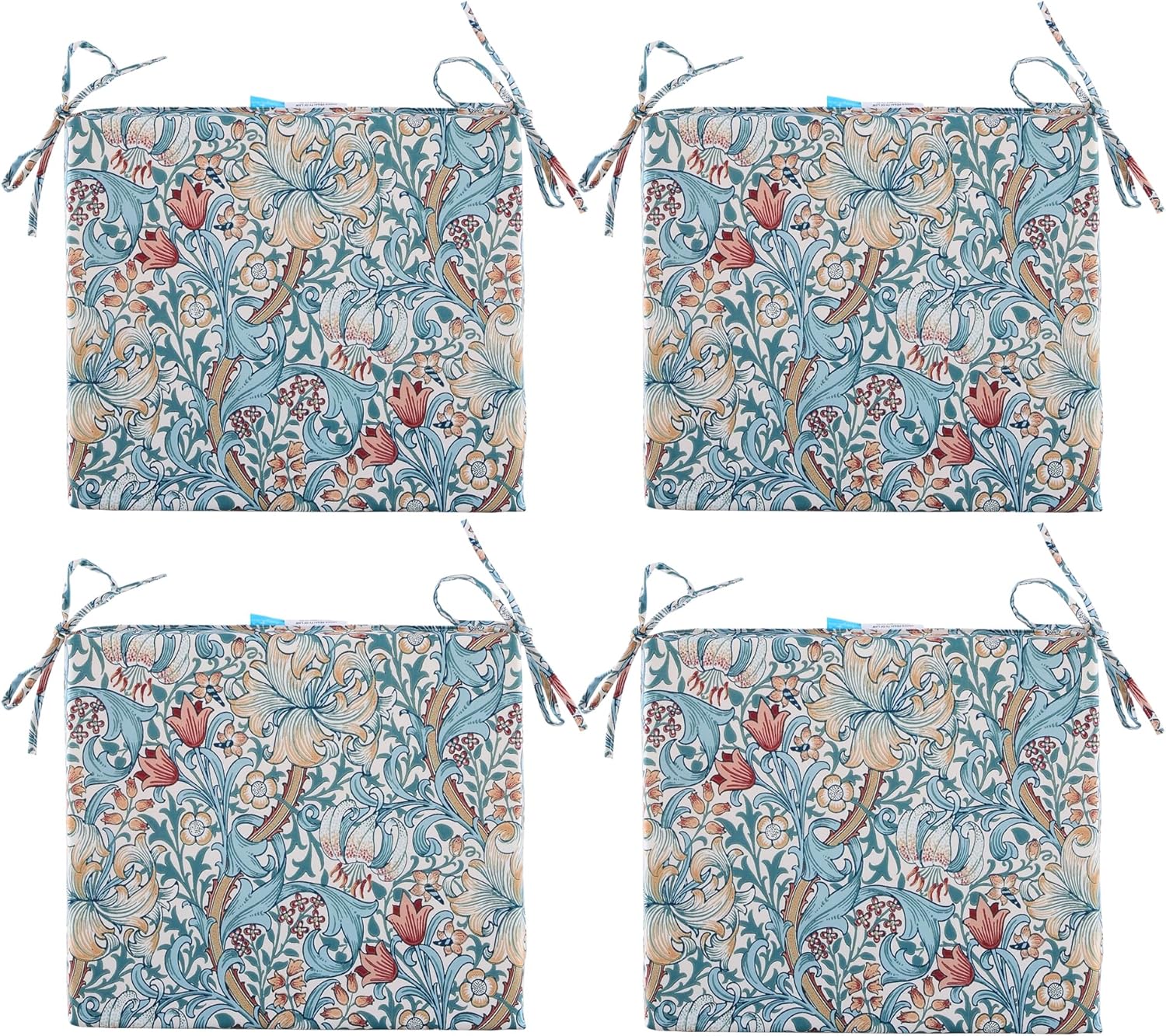ARTPLAN Outdoor/Indoor Chair Pads,Patio Dining Chair Cushions Set of 4,Sqaure Replacement Cushions with Ties,18.5x16x3 Inch,Dark Blue Floral