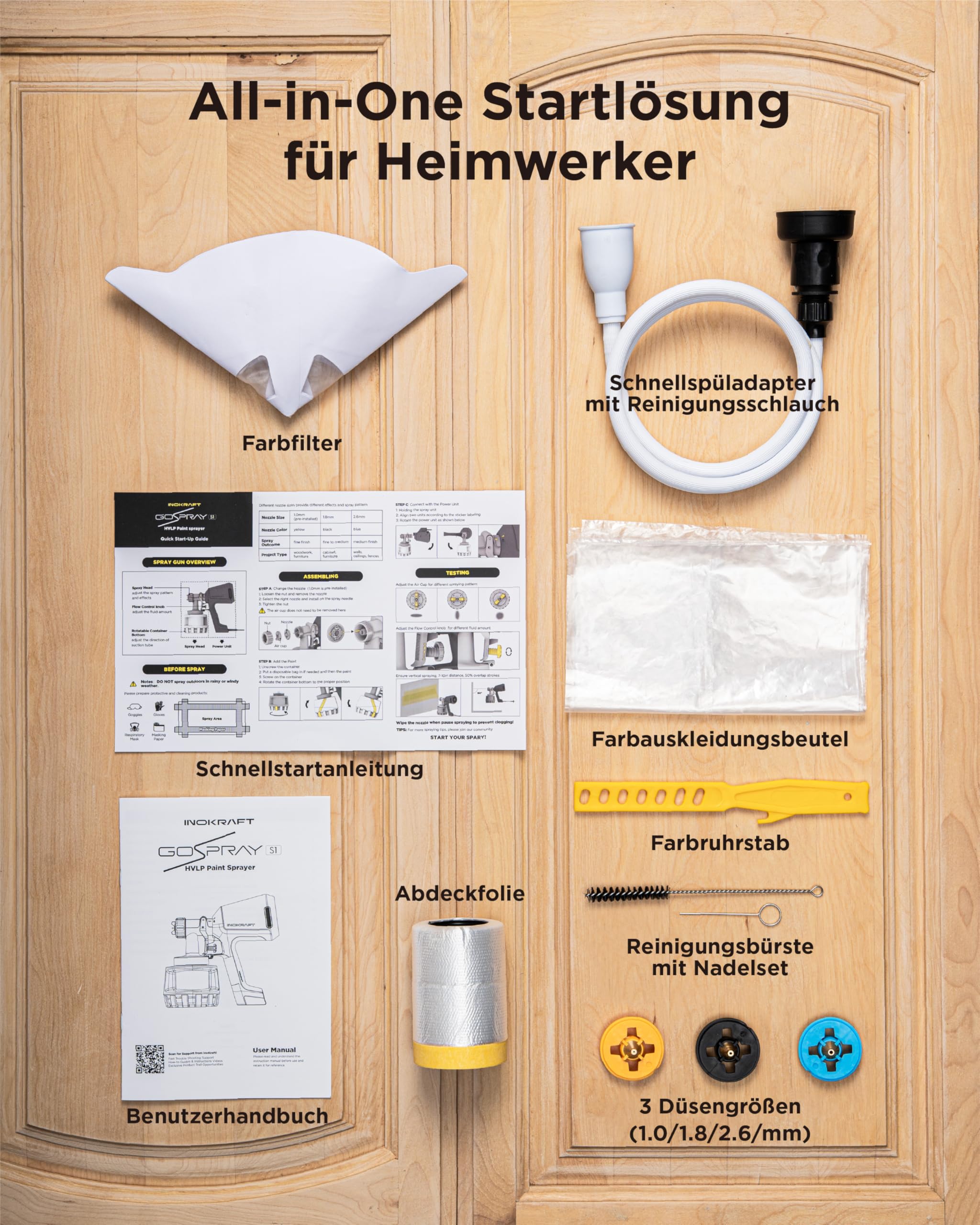 InoKraft Farbsprühsystem, 0-980ml/min, 600W elektrisches Farbsprühgerät mit 1200ml Behälter, 3 Düsen & 3 Sprühmustern - Sprühpistole für Wandfarbe, Schränke, Zäune, Türen, Möbel