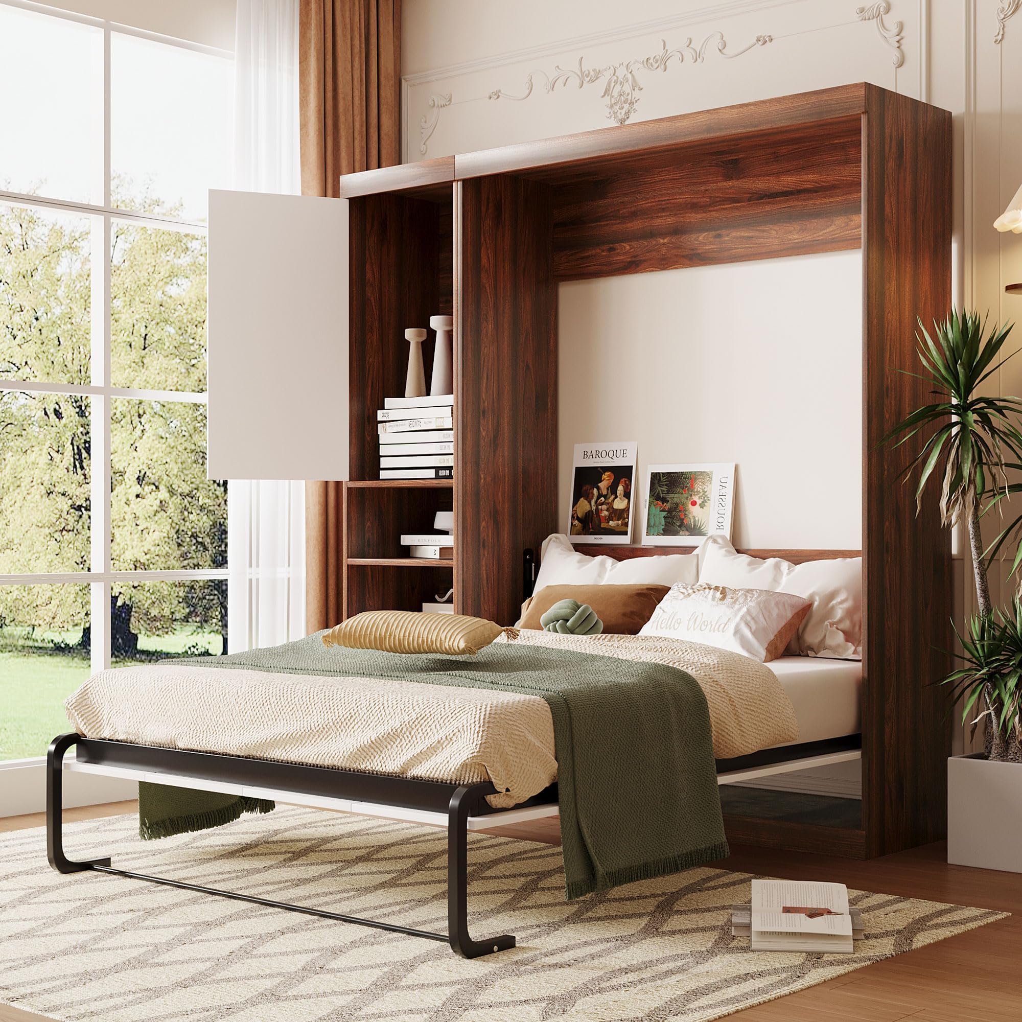Full Size Murphy Bed,Folding Wall Bed with Cabinet and Drawer,Space-Saving Hidden Bed Frame W/Wood Slats Support,Easy Assembly,Platform Bed Chest for Bedroom,Guest Room,Home,Office,White
