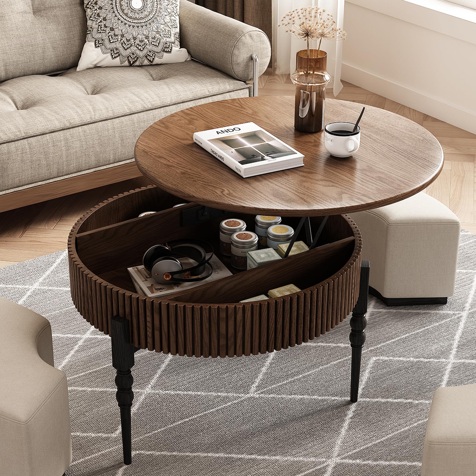 Lartis Modernes rundes Couchtisch-Set, Walnuss-Finish mit Stauraumschublade und Hockern, 2-teiliges Set für das Wohnzimmer