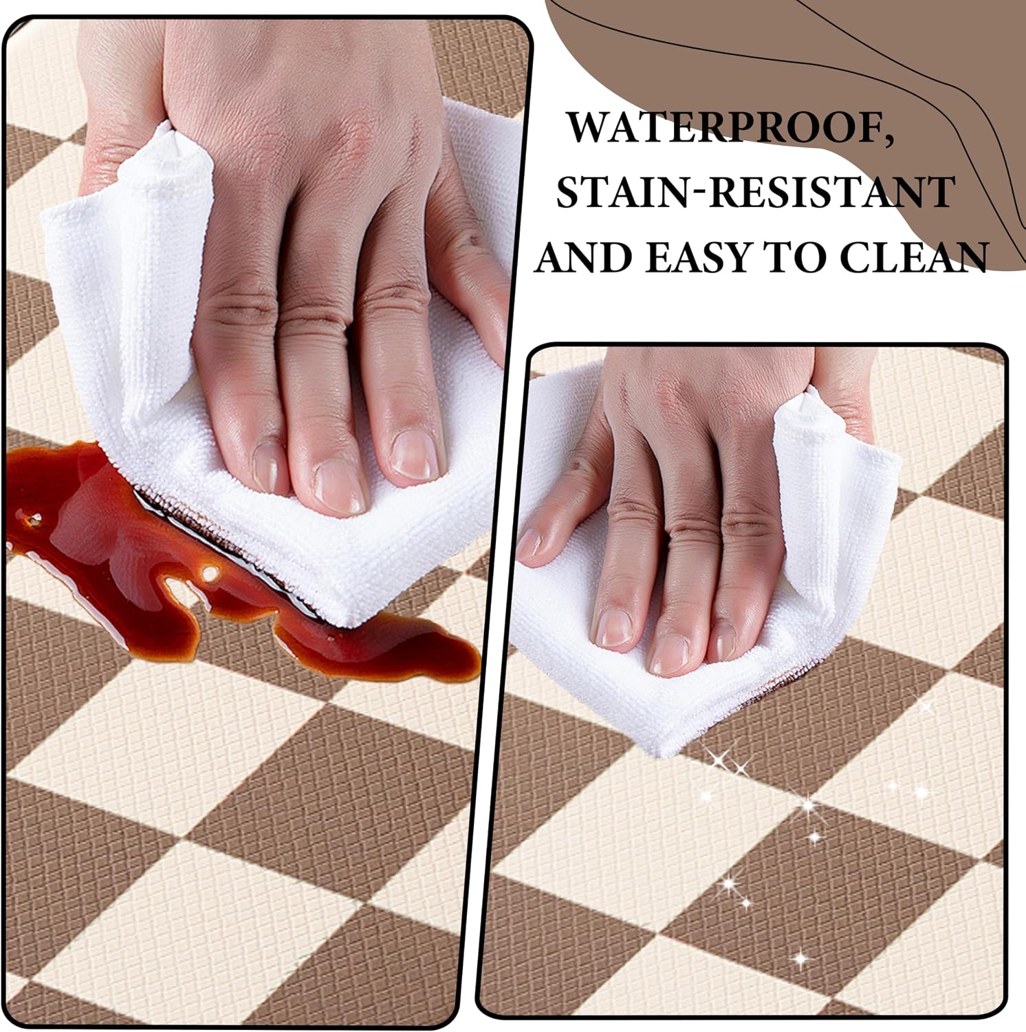 Beige Khaki Checkered Grid Checkerboard Kitchen Rug Sets [2 PCs], Anti-Fatigue, Waterproof Non-Slip Kitchen Mats Heavy Duty Ergonomic Comfort Foam Rug for Floor, Home,17"x29"+17"x47" image 5