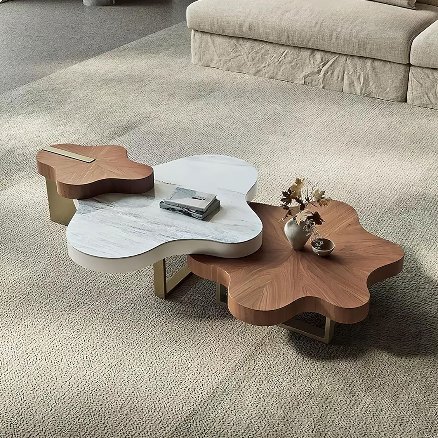 Rectangular Nesting Coffee Tables Set of 2, 63in Walnut Wooden Cloud Side Tables with Faux Marble Table Top for Living Room Bedroom or Office