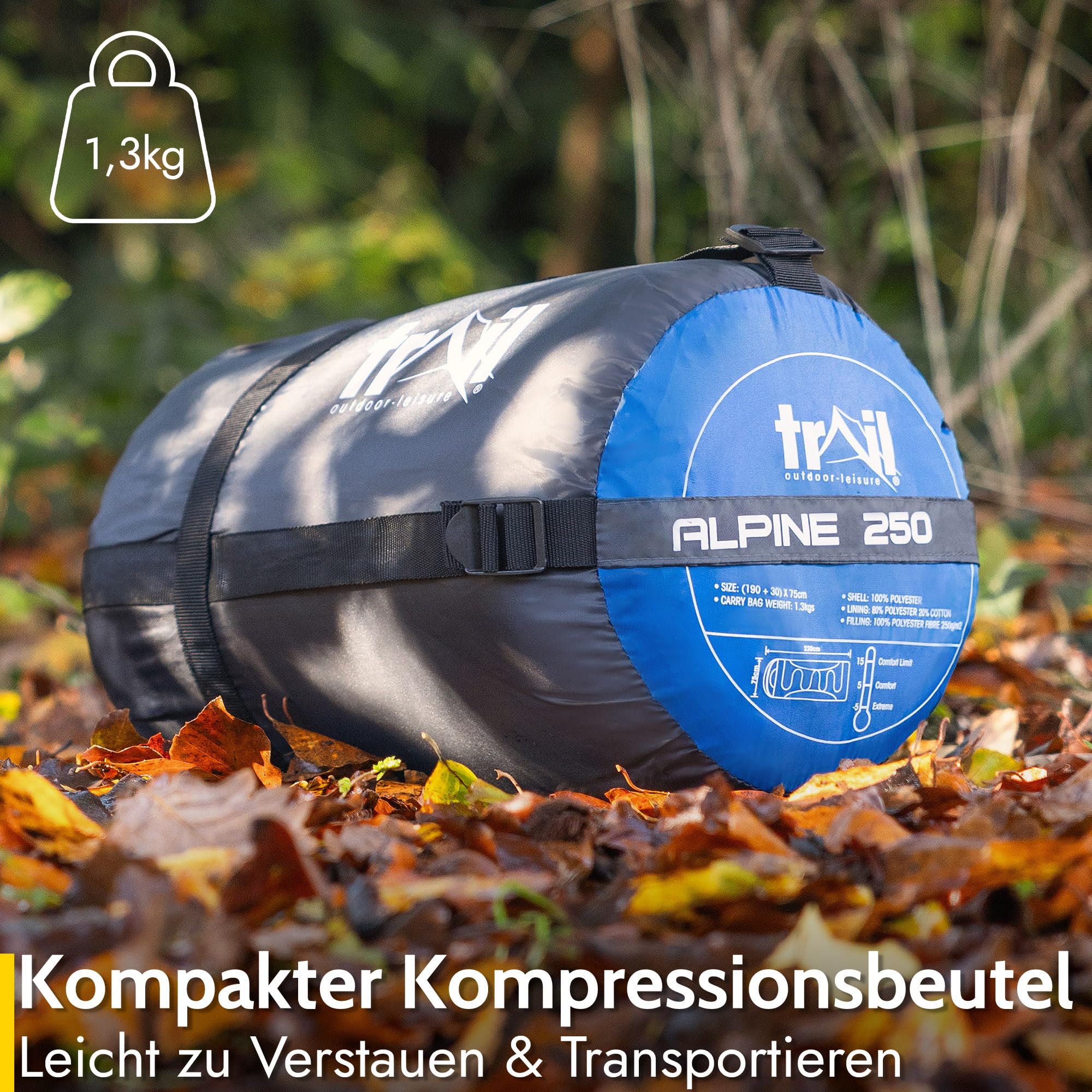 Trail-Alpin-Schlafsack mit Kapuze – 250 g Schlafsack, 3-Jahreszeiten- Schlafsack. Leicht, kleines Packmaß – mit Kapuze und Kompressionssack (Rot)