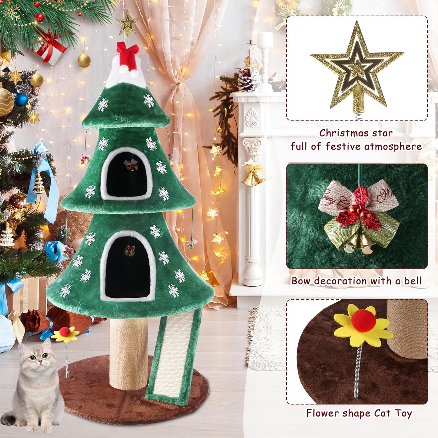 53" Christmas Cat Tree, Cat Tower with 2 Condos & Sisal Scratching Posts for Indoor, Christmas Tree Design Cats Furniture with Plaything, Activity Center Play House for Kittens