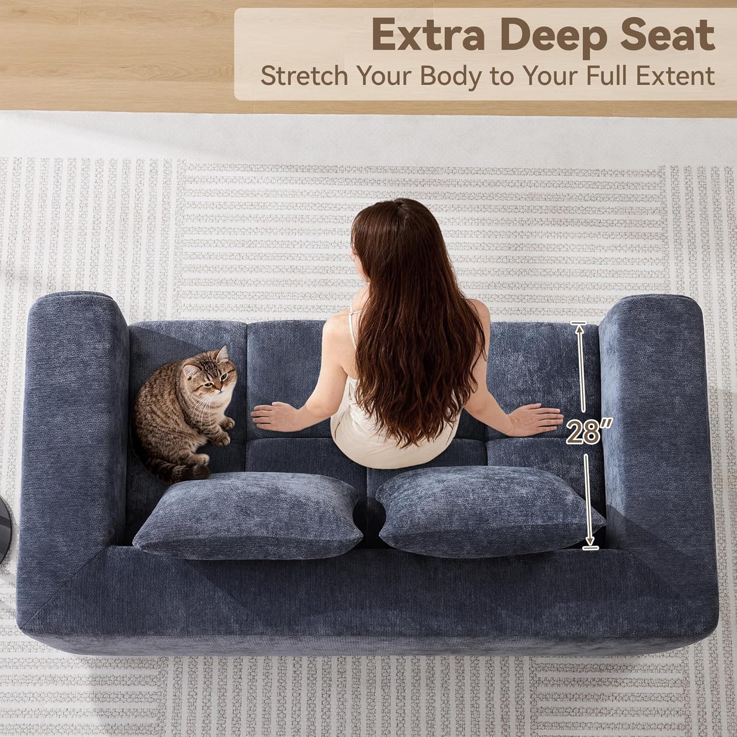 72" Loveseat Boneless Couch, Cloud Sectional Couch with Deep Seat, High-Density Memory Foam and Chaise, Love Seat Sofa, Boneless Couches for Living Room, No Assembly Required Tufted Sofa, Blue