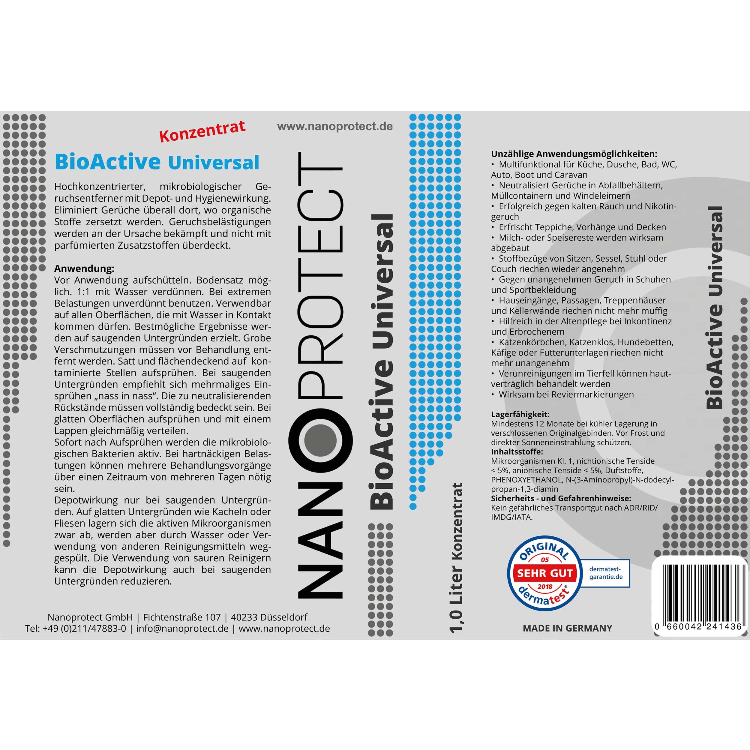Nanoprotect BioActive Universal Geruchsneutralisierer | Biologischer Geruchsentferner und Textilerfrischer mit Wirkbeschleuniger | 2x1 Liter Konzentrat Refill Set