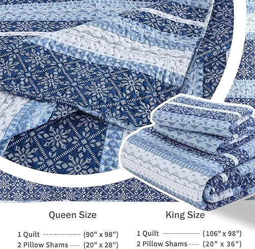 Miniatura 4 de Homzard - Juego de edredón de tamaño Queen, a rayas, diseño de copo de nieve, azul y blanco, juego de edredón de algodón bohemio y ligero, 90 x 98
