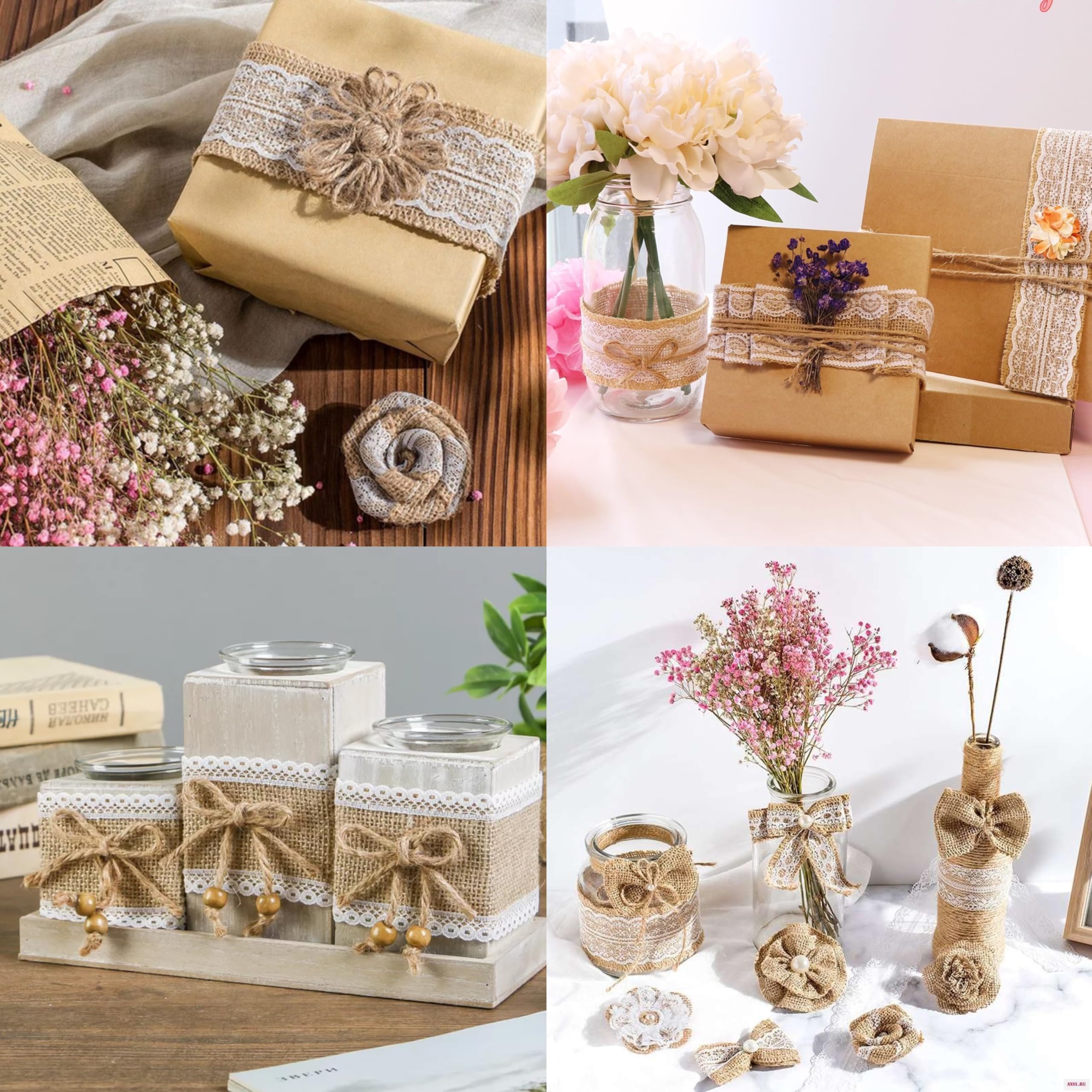 8 Rotoli Di Nastro Di Iuta E Pizzo Vintage + Spago Di Canapa – Kit Fai Da Te Per Matrimoni E Natale - 3