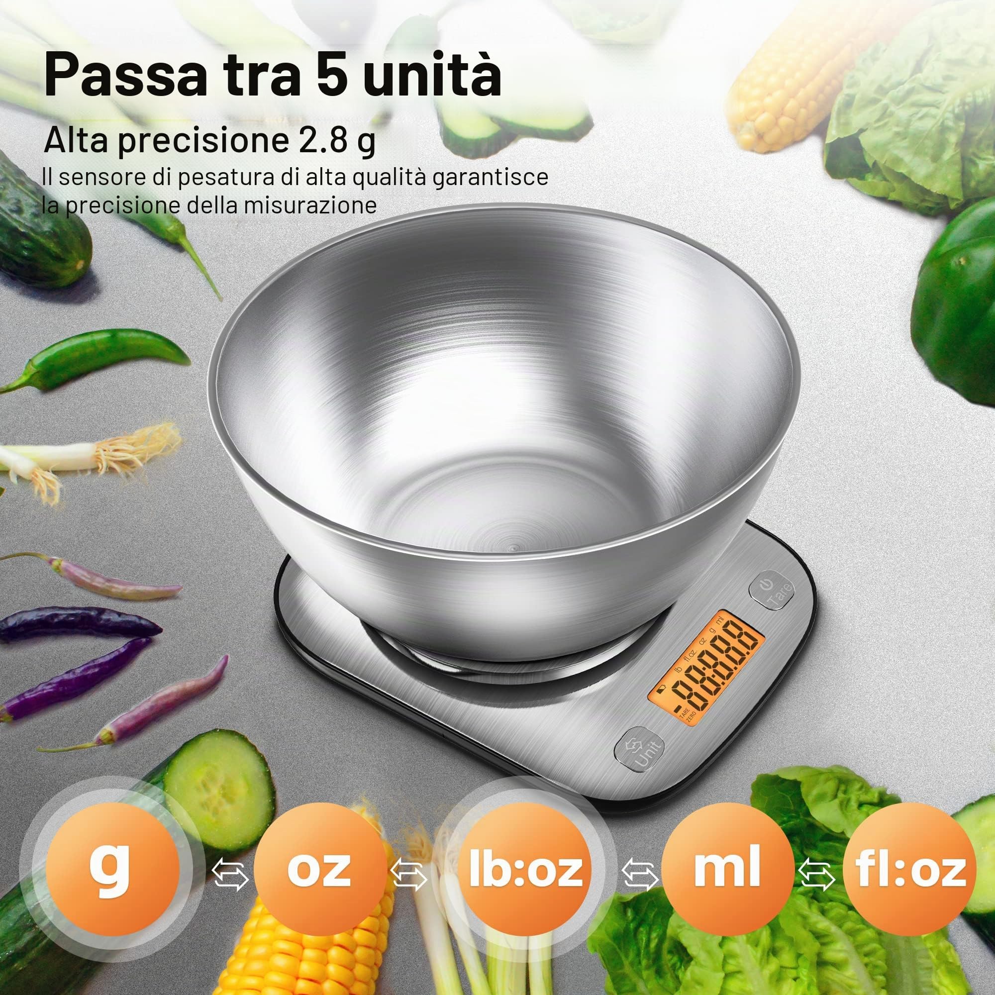 GRAM PRES Bilancia digitale da cucina con grado di impermeabilità IPX6, professionale, in acciaio inox, con ciotola per la perdita di peso, per la dieta e la cottura