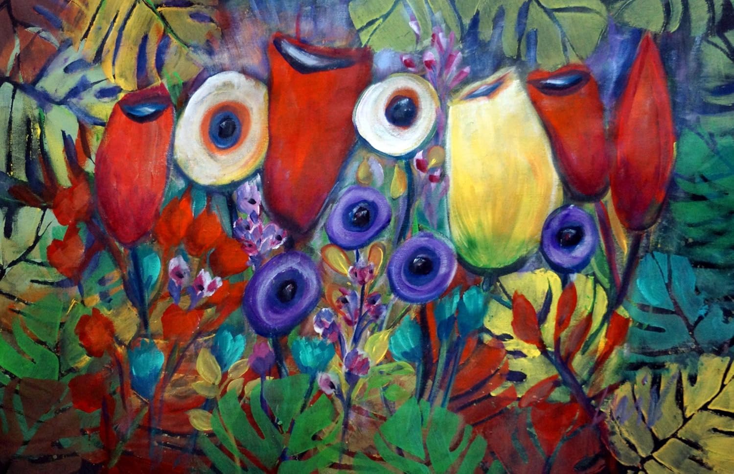 Original Oil Painting Night Flowers Whimsical Artwork on