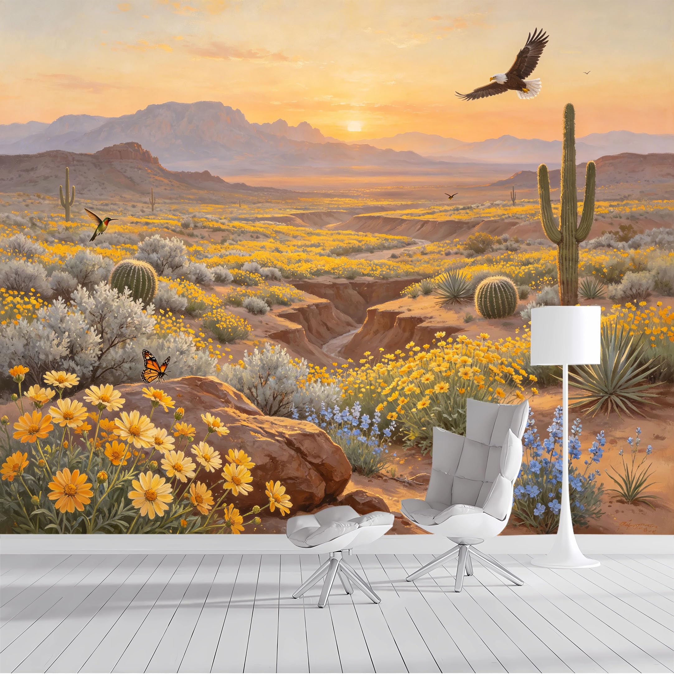 Custom Size Wall Mural Desert Landscape Blooming Cacti Eagle Hummingbird Watercolor SelfAdhesive Wall Fabric Removable Peel and Stick Wallpaper Wall Decor for Living Room Bedroom Bathroom