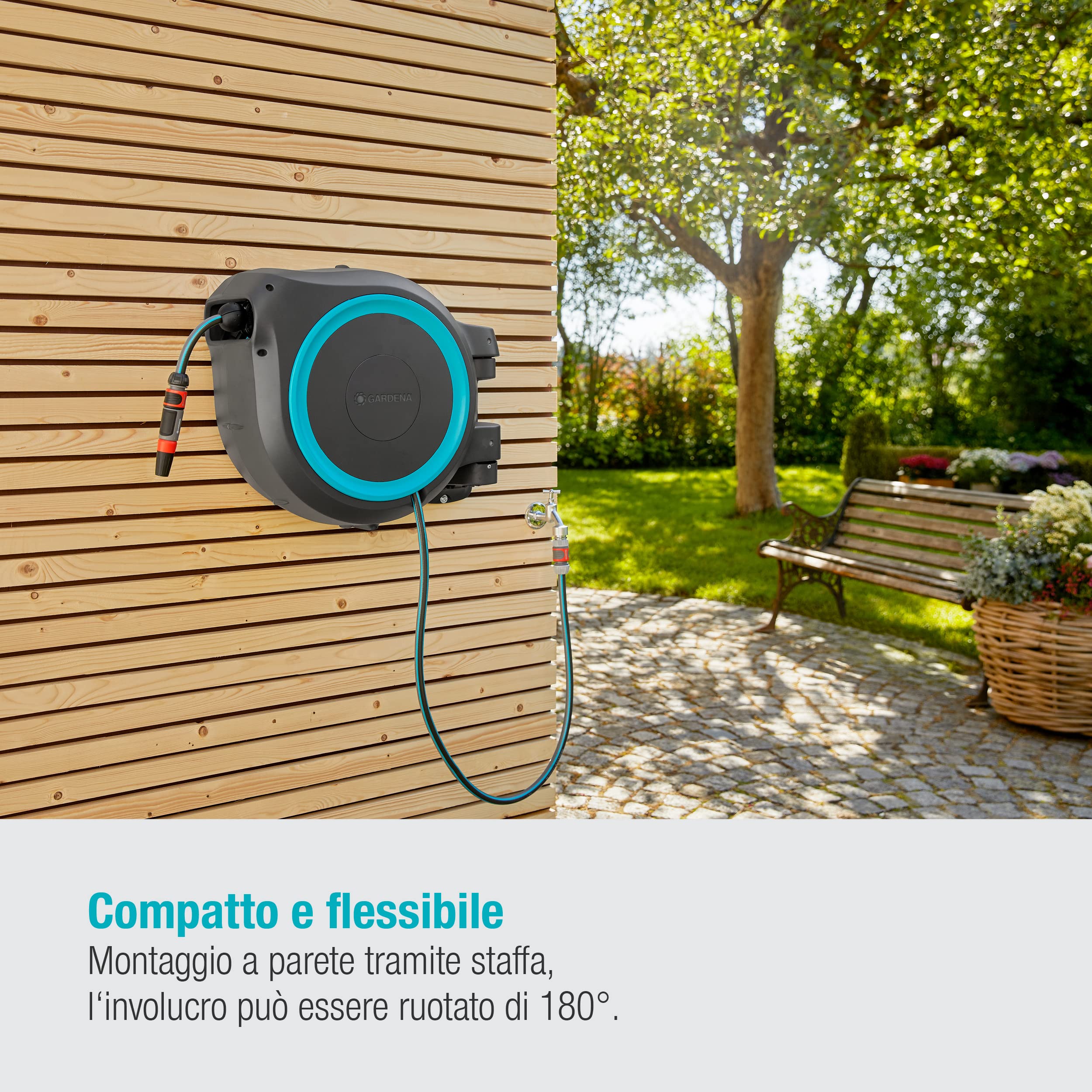 Gardena Avvolgitubo da Parete RollUp M/L: incluso Tubo da Giardino 25 m con Lancia e Raccordi, Avvolgimento Automatico, Ruotabile di 180 gradi, per Giardini Medi, Azzurro (18620-20)