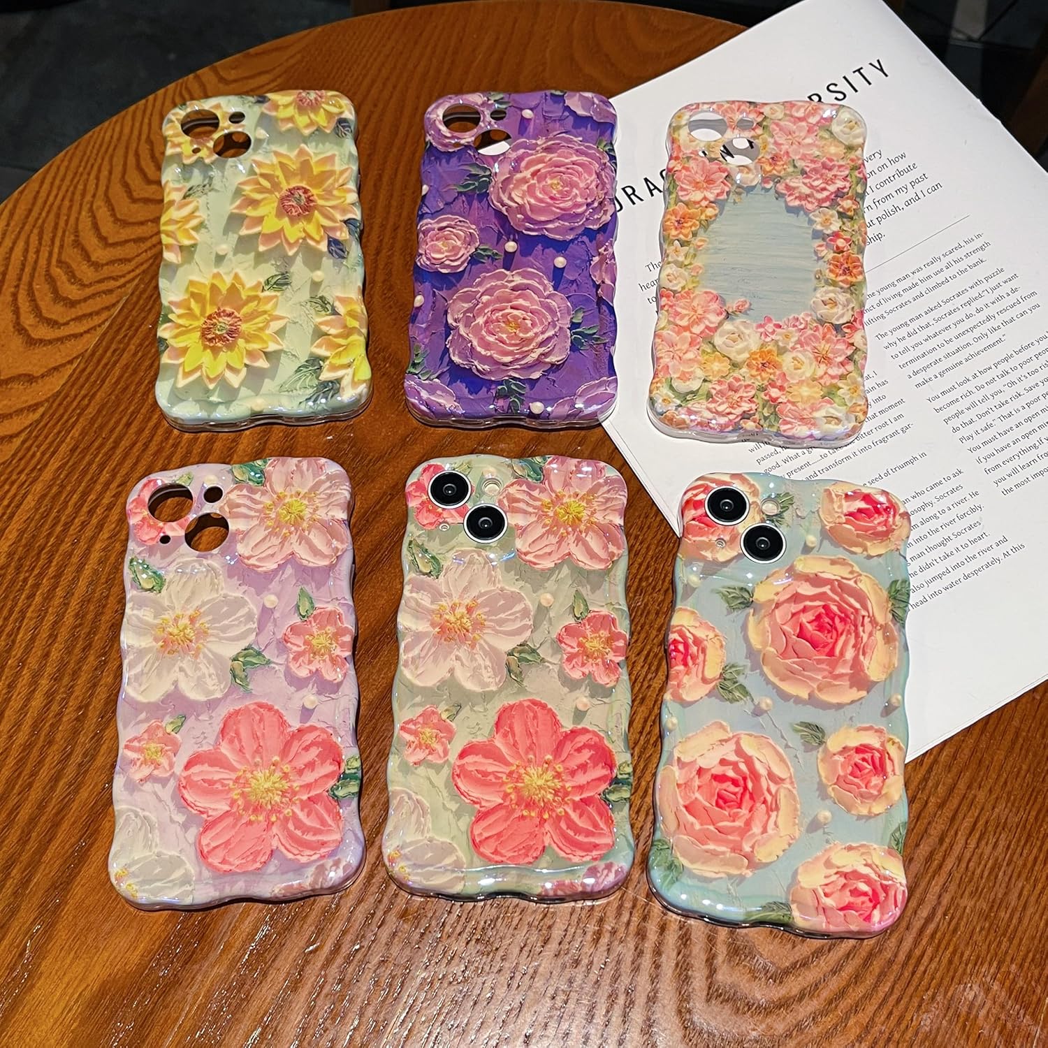 XIZYO Case for iPhone 15, Colorful Retro Oil Painting Flower Cute Floral Aesthetic Curly Wave Frame Laser Glossy Reflective Exquisite Stylish Protective Cover Women Girls-Rose Flower/Pink - Image 4
