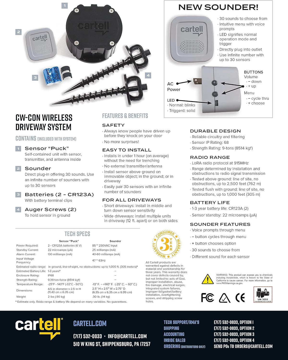 Cartell Wireless Driveway System CW-CON Outdoor Weatherproof Alert System, Sounder and Sensor
