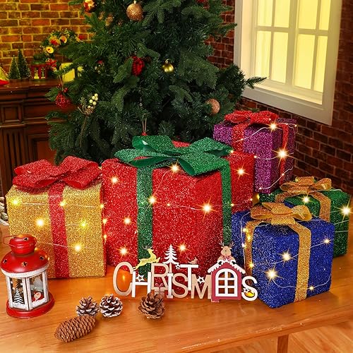 Miniatura 7 de 5 cajas de regalo iluminadas de Navidad de Zonon con lazos, decoraciones de Navidad iluminadas al aire libre, caja de regalo iluminada para árbol de