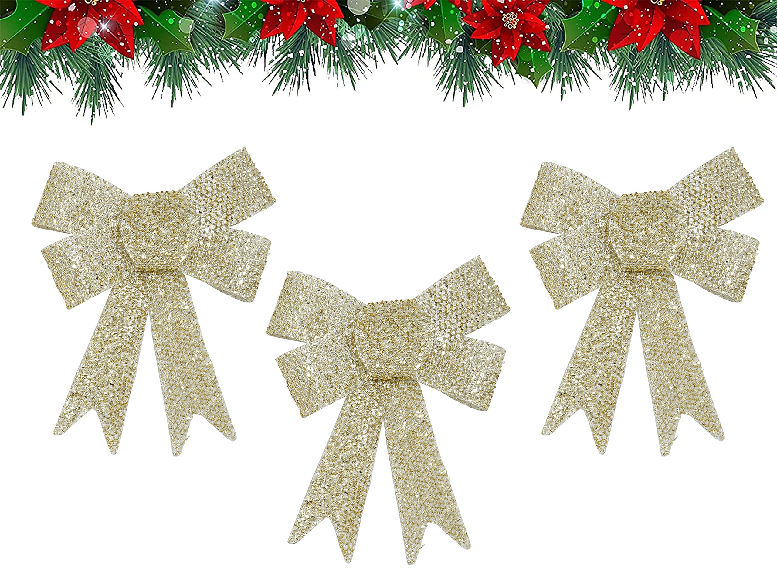 SRV Hub Pack of 3 Christmas Tree Bow, Wreath Bow, Xmas Decorative Bows Ornaments, for Holiday Decorative Xmas Tree DIY Present (11cm Gold Glitter Bows)