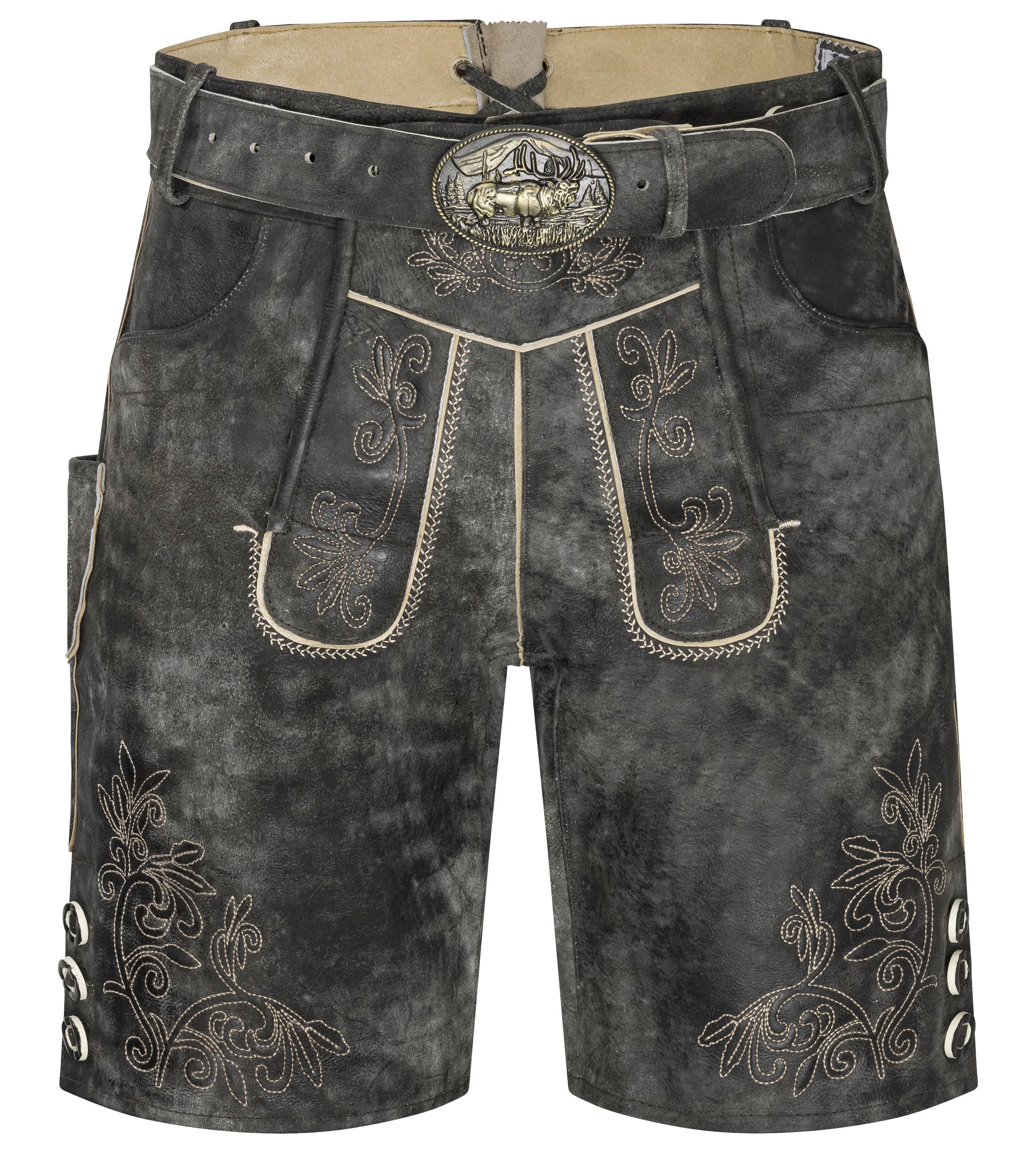 Schöneberger Trachten Couture Herren Lederhose kurz mit Trachtengürtel, Trachtenlederhose für Oktoberfest, Original Nubuk-Leder, Wolfsklamm