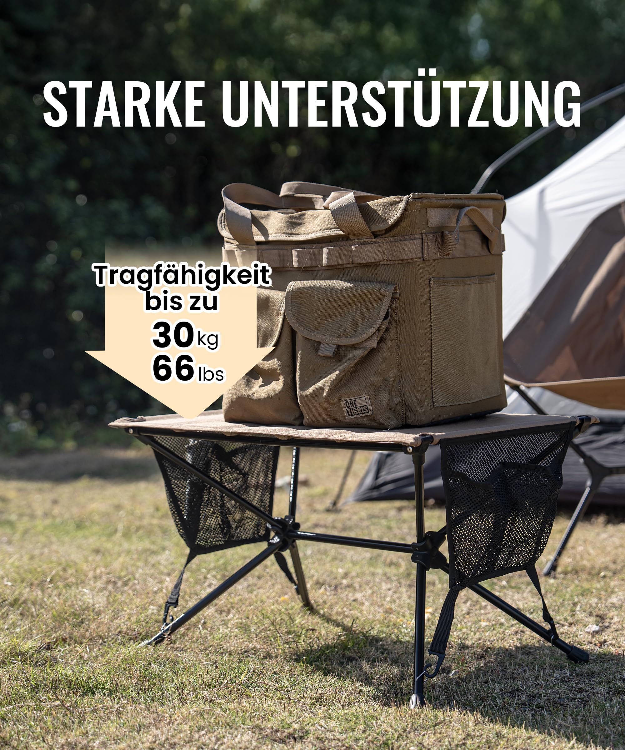 OneTigris VENTARA faltbar Campingtisch klappbar, Camping Tisch Klapptisch mit Tragetasche und Netztasche, Kleiner Tisch Outdoor Ultraleicht für Angeln Wandern 61,5 x 43 x 38 cm (Kojote Braun)