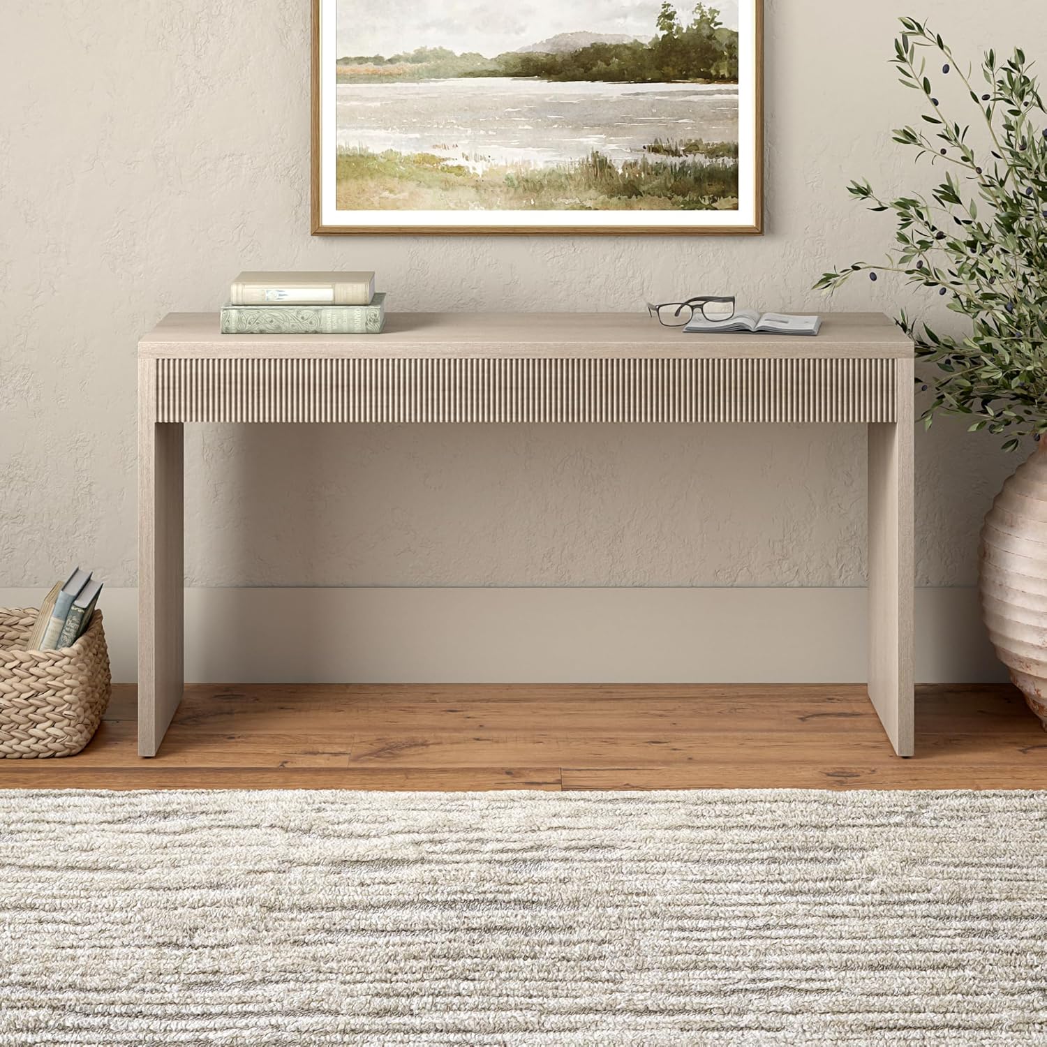 Henn&Hart 55" Rectangular Fluted Console Table, Ribbed Entryway Table, Sofa Table for Entryway, Living Room, Couch, Hallway, or Office, Beech White