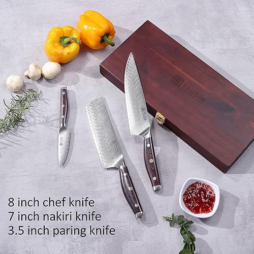 Miniatura 3 de PAUDIN Juego de cuchillos Damasco de 3 piezas juego de cuchillos de cocina de forja afilada con 67 capas de acero Damasco mango ergonómico G10 de