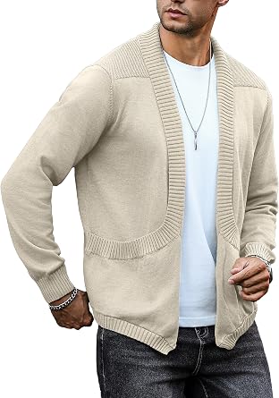 Mens Shawl Collar Long Sleeve Cardigan Knit Open Front with Pockets