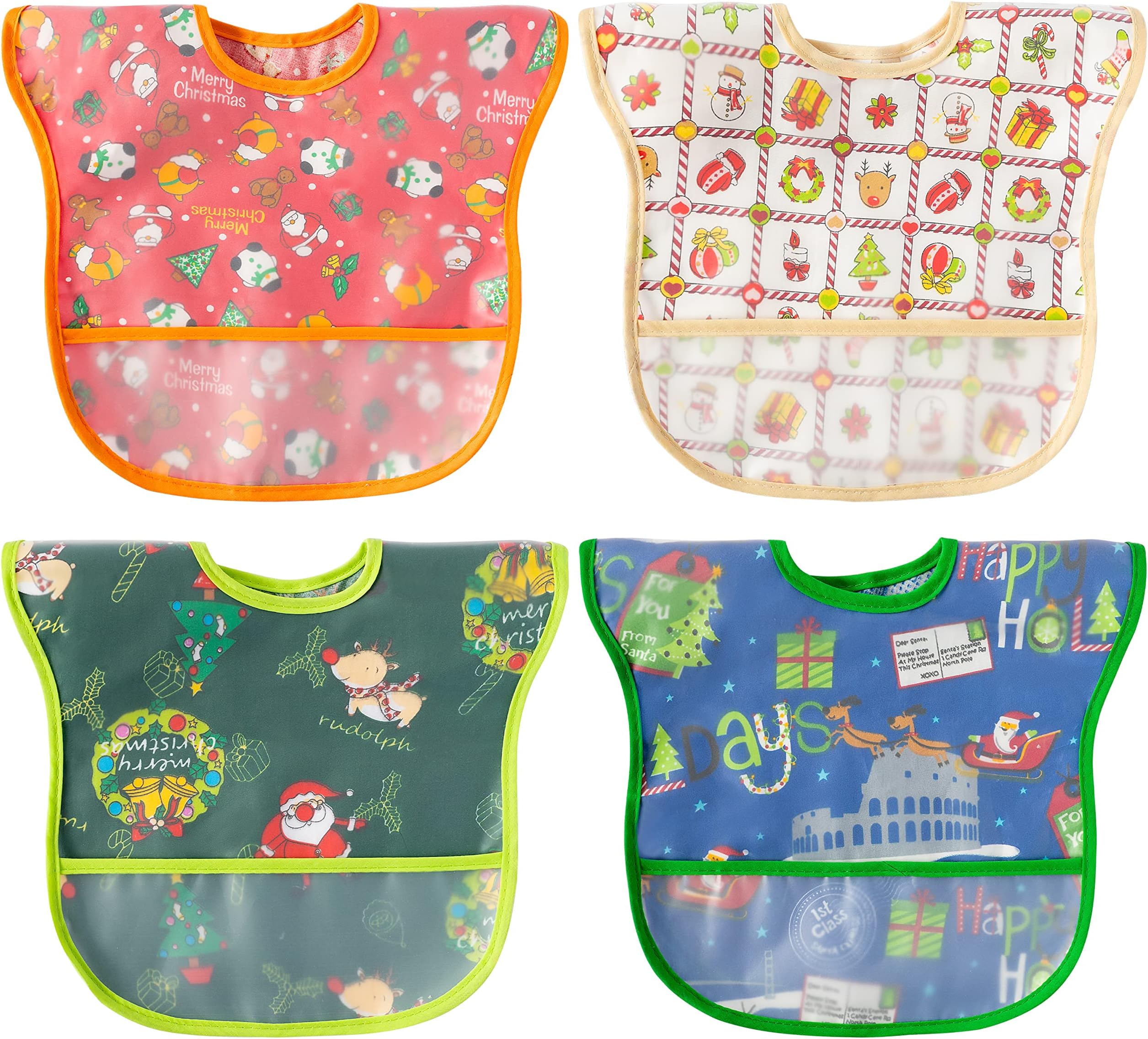 2ooya 4pcs Baby Christmas Bibs Baby Waterproof Bibs Toddler Kids Feeding Bib Set with Crumb Catcher Pocket Infant Adjustable Baby Teething Food Bib Baby Keepsake Gift for Christmas（6-12 Months）