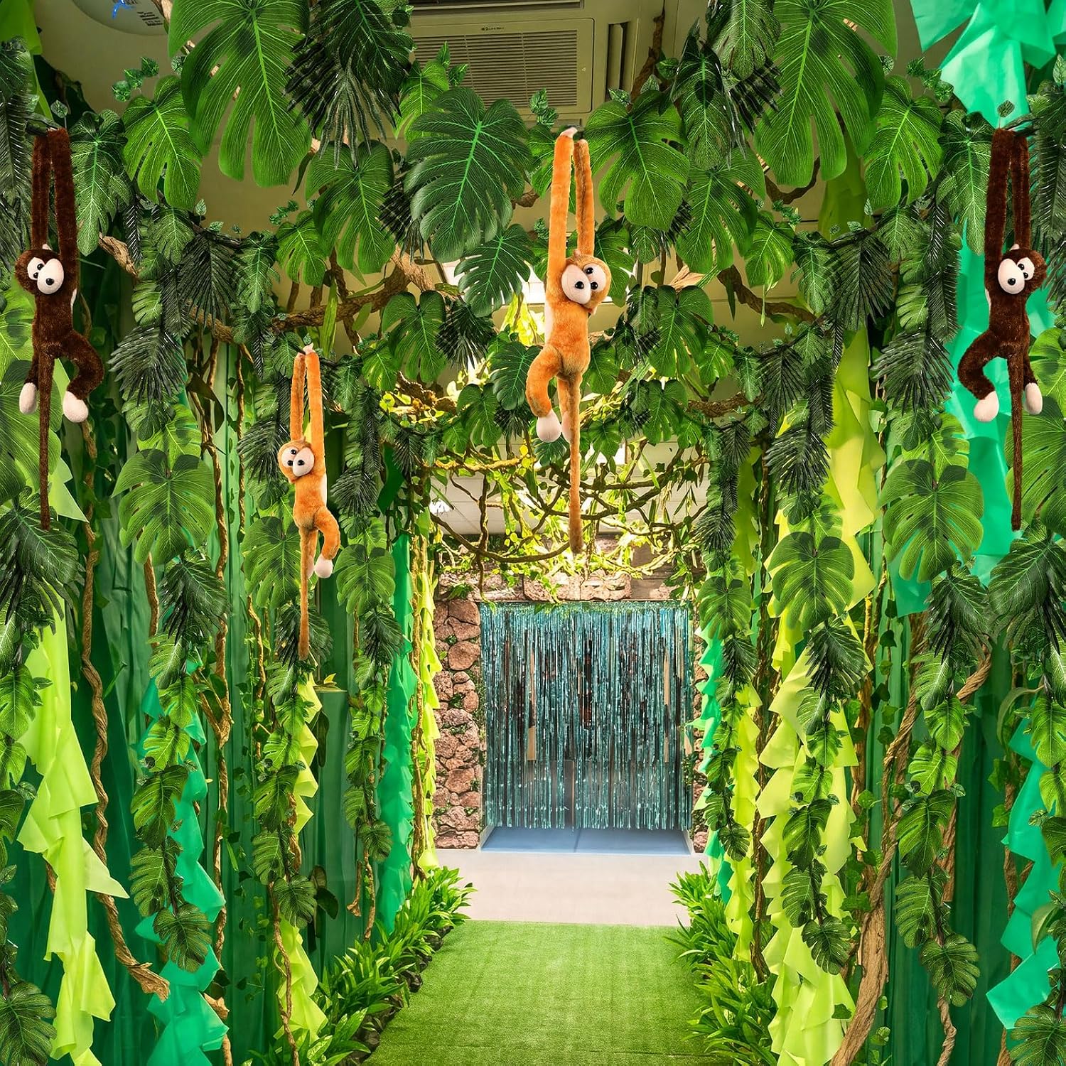 Suncalla 93 Pcs Jungle Theme Party Decoration Back to School Classroom Rainforest Safari Decor 4 Hanging Monkey Stuffed 14.4 ft Vines 20ft Artificial Rattan 60 Palm Leaf for Classroom Decor (20ft)