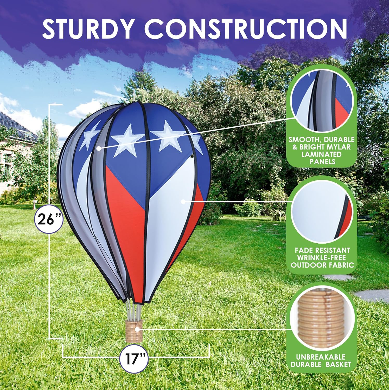 Hot Air Balloon Hanging Garden Spinner 26" - Vibrant Patriotic Design, Weather-Resistant Outdoor Decor, Durable & Lightweight for Patios, Yards, and Gardens - Eye-Catching Wind Spinner