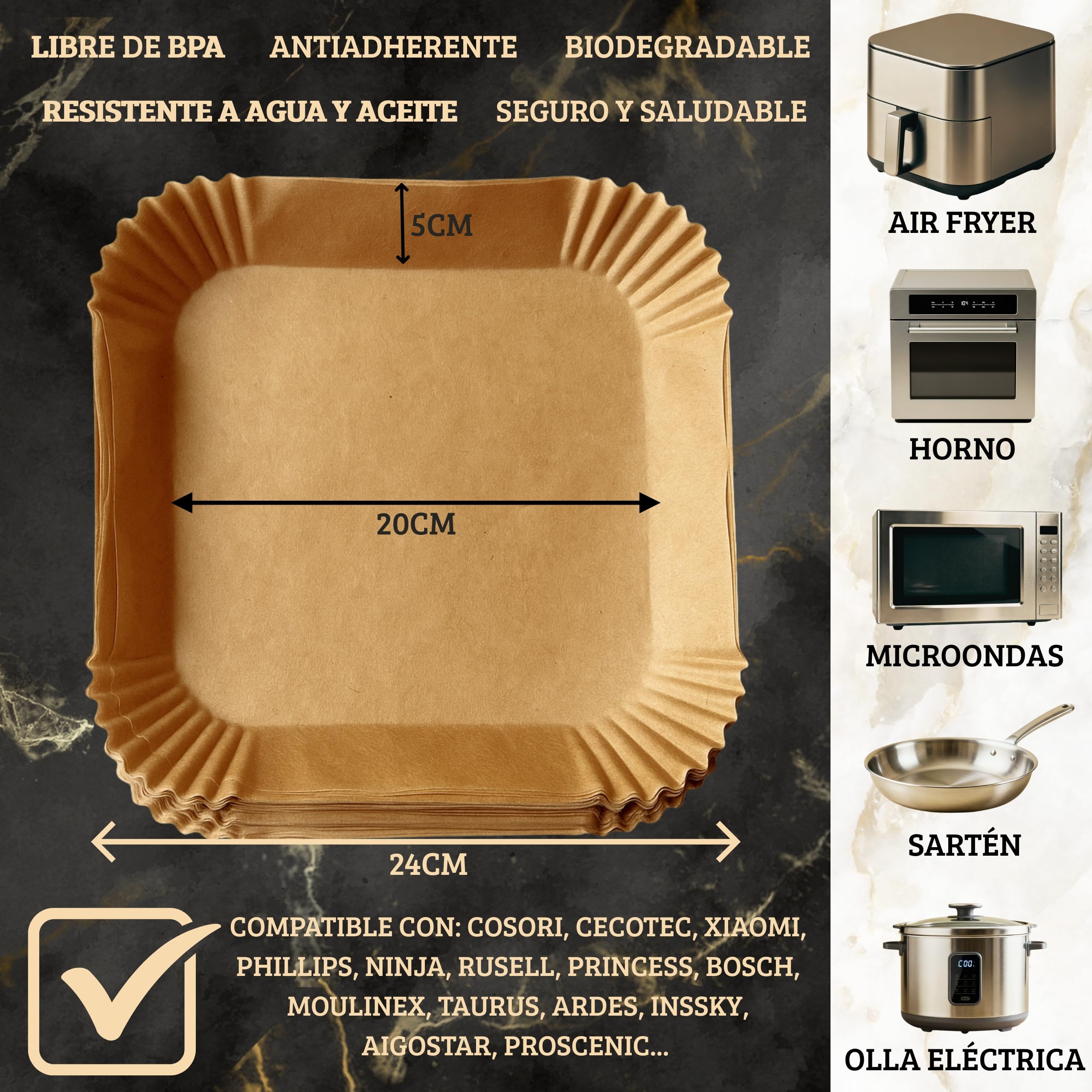 PAPEL AIR FRYER CUADRADO 200 Uds 20–24 Cm - Sin BPA Air Fryer Papel Air fryer Antiadherente - Modelo PREMIUM Profesional - Eco Desechable - Compatible con Cosori y Cecotec - 5-8 Litros. — view 2