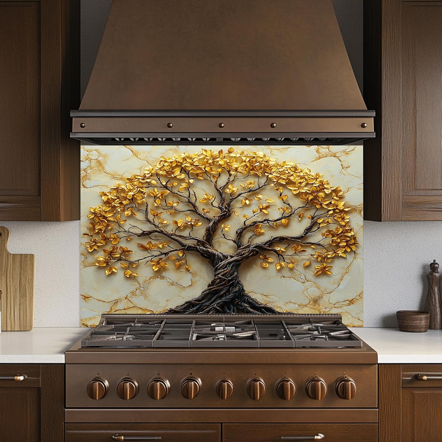 Tempered Glass Backsplash for Kitchen, Tree of Life Glass Backsplash, Golden Tree Backsplash for Kitchen Wall, Rustic Kitchen Backsplash, Easy to Install Stove Backsplash