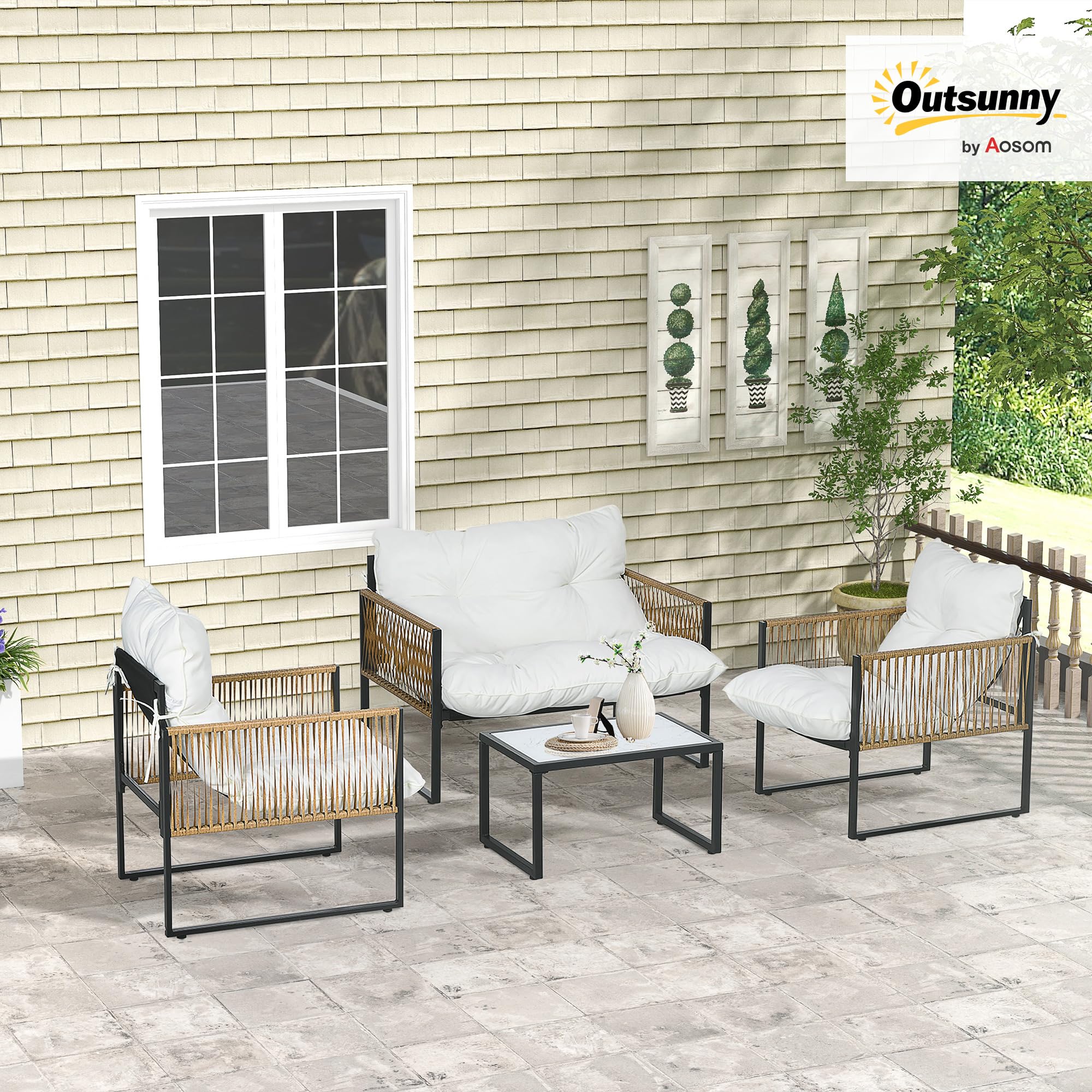 Outsunny Conjunto Jardín Exterior de Ratán, Muebles Jardín Exterior para 4 Piezas, Muebles Terraza con 1 Sofá de 2 Plazas, 2 Sillones, Cojines y 1 Mesa de Tablero de Vidrio, para Patio, Crema y Marrón