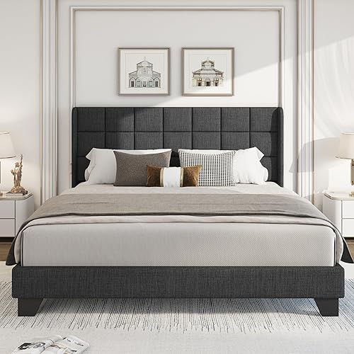 WEEWAY Base de cama tapizada con respaldo de ala, tamaño Queen, cabecera capitonada, listones de madera, no necesita somier, fácil montaje, gris