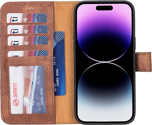 Miniatura 1 de Funda tipo cartera de cuero genuino hecha a mano compatible con iPhone 14 Pro Max, compatible con MagSafe, funda magnética desmontable con tarjetero