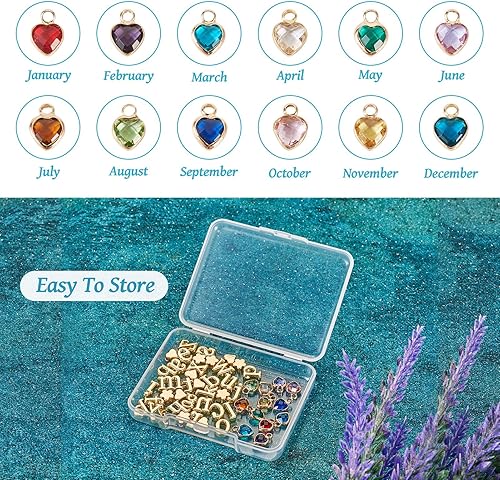 Miniatura 5 de Cheriswelry Juego de 50 piezas de joyería de piedra natal con forma de corazón, dijes de cristal de aleación de letra A  Z, cuentas de latón, flores