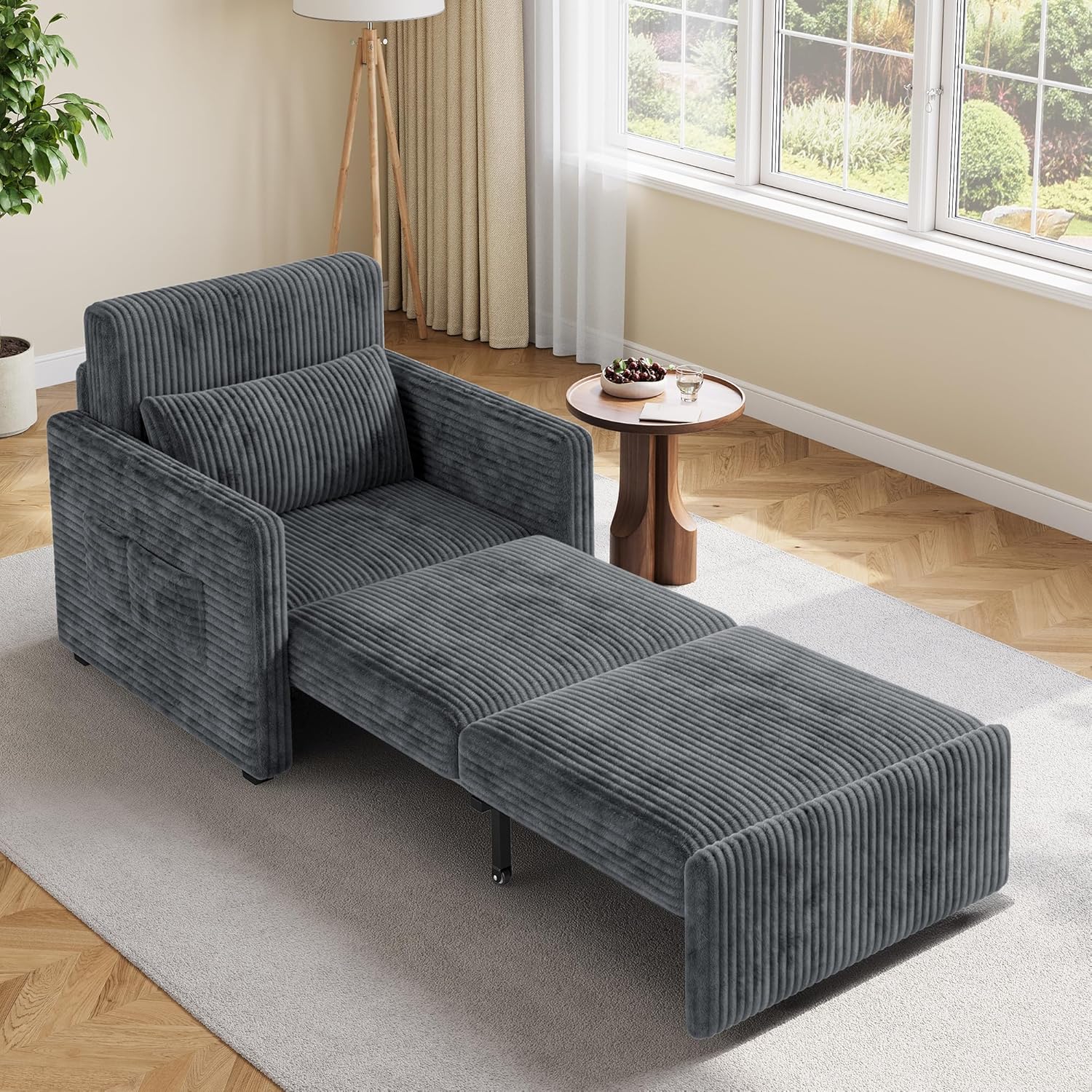 Ahomly 3 in 1 Pull Out Sleeper Chair, 75.2" Long Convertible Sofa Bed for Adults, Corduroy Armchair Chair Bed & Single Sleeper with Pillow for Dorm/Bedroom, Dark Grey
