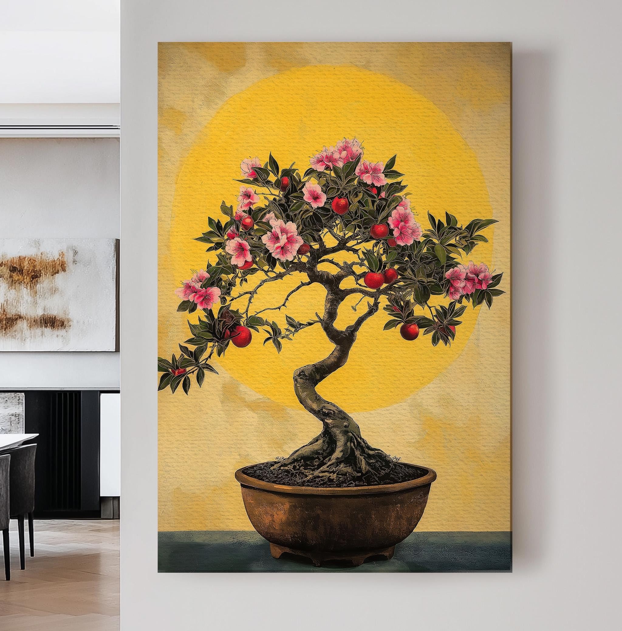 Caoxtart Men's Frameless Bonsai Cherry Tree Vertical Wall Art Japanese, Decor Botanical Canvas Print, Nature Rustic Art Oil Painting(30X40cm/Frameless)