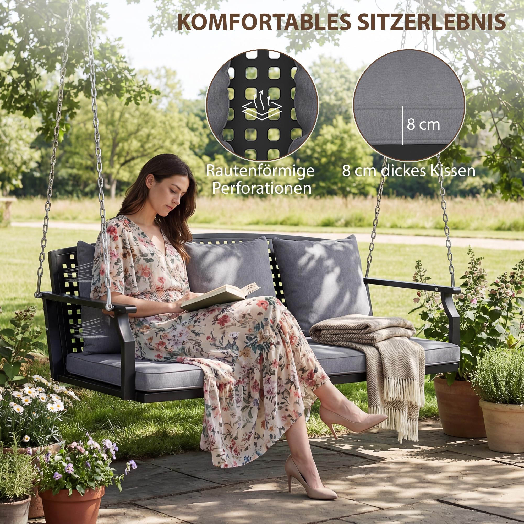Outsunny Hängebank, 3-Sitzer Schaukelbank mit 3 Rückenkissen, Gartenschaukel aus Stahl zum Aufhängen, bis 360 kg Belastbar, für Balkon, Terrasse, Grau, 154 x 66 x 51 cm