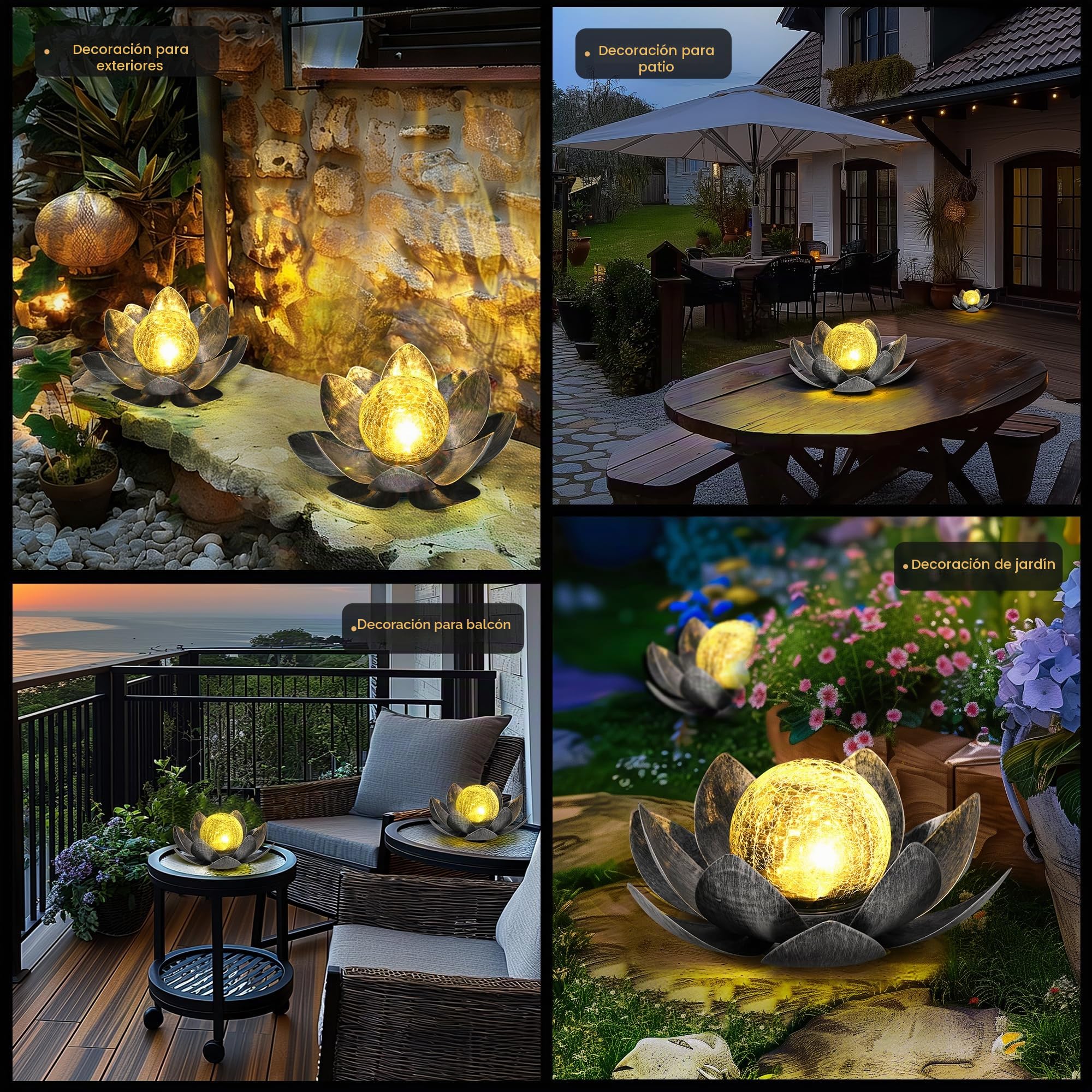GIGALUMI Luces Solares para Decoración de Jardín al Aire Aibre, Pétalos de Metal Ajustables, Luces de Flor de Loto, Decoración de Mesa al Aire Libre, IP44 impermeable(Gris)