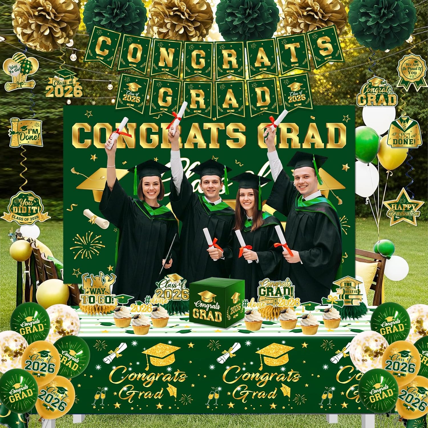 Graduation Decorations 2026 Green and Gold Class of 2026 Banner Congrats Grad Backdrop Tablecloth Balloons Hanging Swirls Honeycombs Cupcake Toppers Box Pompoms for Graduation Party Decor Supplies