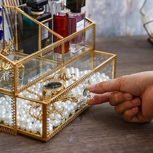 Miniatura 3 de Caja de cristal dorada, bandeja de vidrio, organizador de exhibición de maquillaje en la cómoda, almacenamiento cosmético multifuncional para