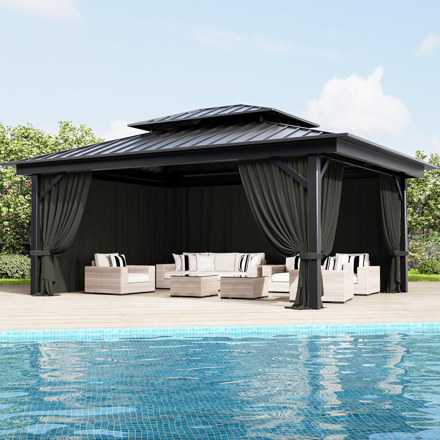Outdoor Gazebo Curtain Replacement Universal 4-Panel Sidewalls 12' X 16',Outdoor Patio Waterproof Privacy Curtain with Double Zipper for Patio,Garden, and Backyard (Curtain Only)