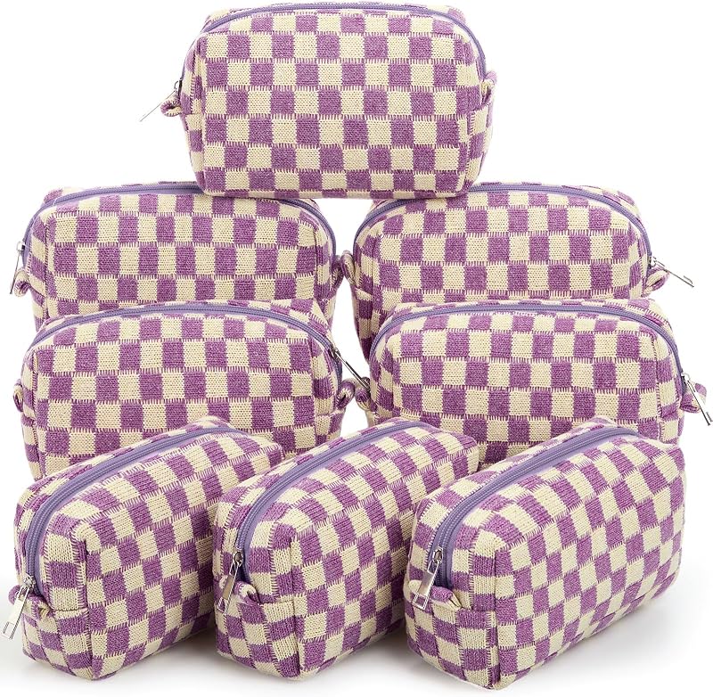 Necessaire de maquiagem Gilprop com estampa xadrez roxa, pacote com 8 unidades