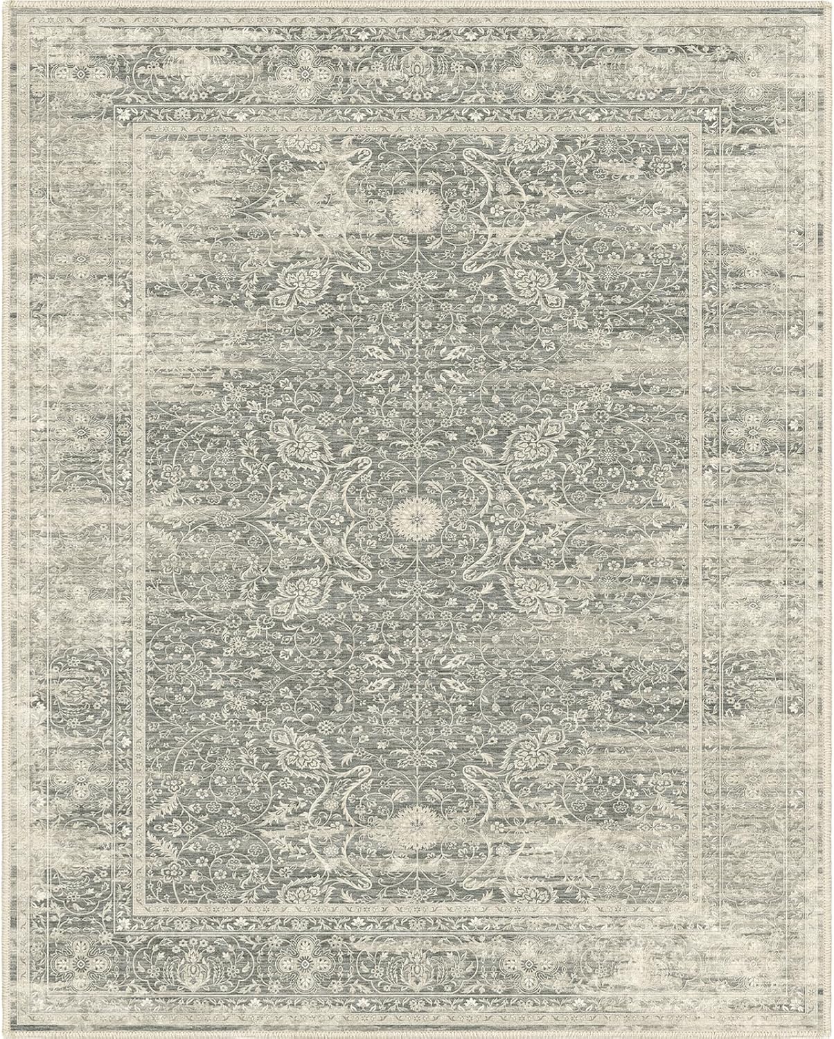 Area Rug 7X9 for Living Room, Machine Washable Non Slip Vintage Rugs, Low Pile Lightweight Print Rug for Bedroom, Dining Room, Home Office (7x9 Sage/Ivory)