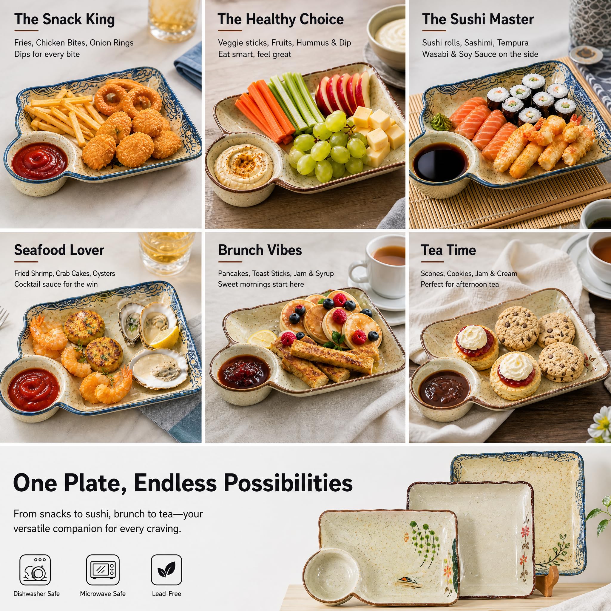 Paquete de 4 platos de cerámica para albóndigas con platillo, plato de sushi japonés de 7.3 pulgadas, plato de patatas fritas y salsa, plato dividido para aperitivos, embutidos, postres