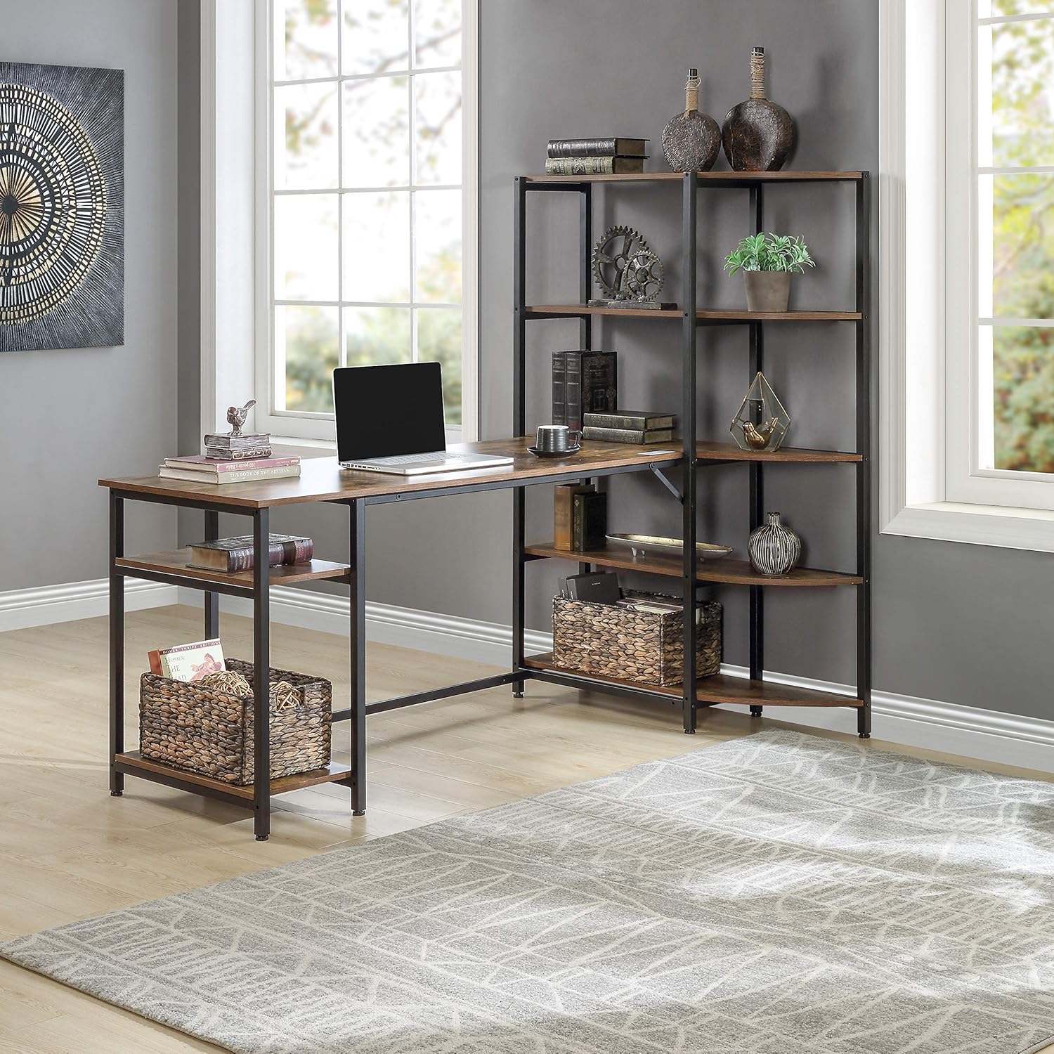 Home Office Computer Desk with 5 Tier Storage Shelves，Large