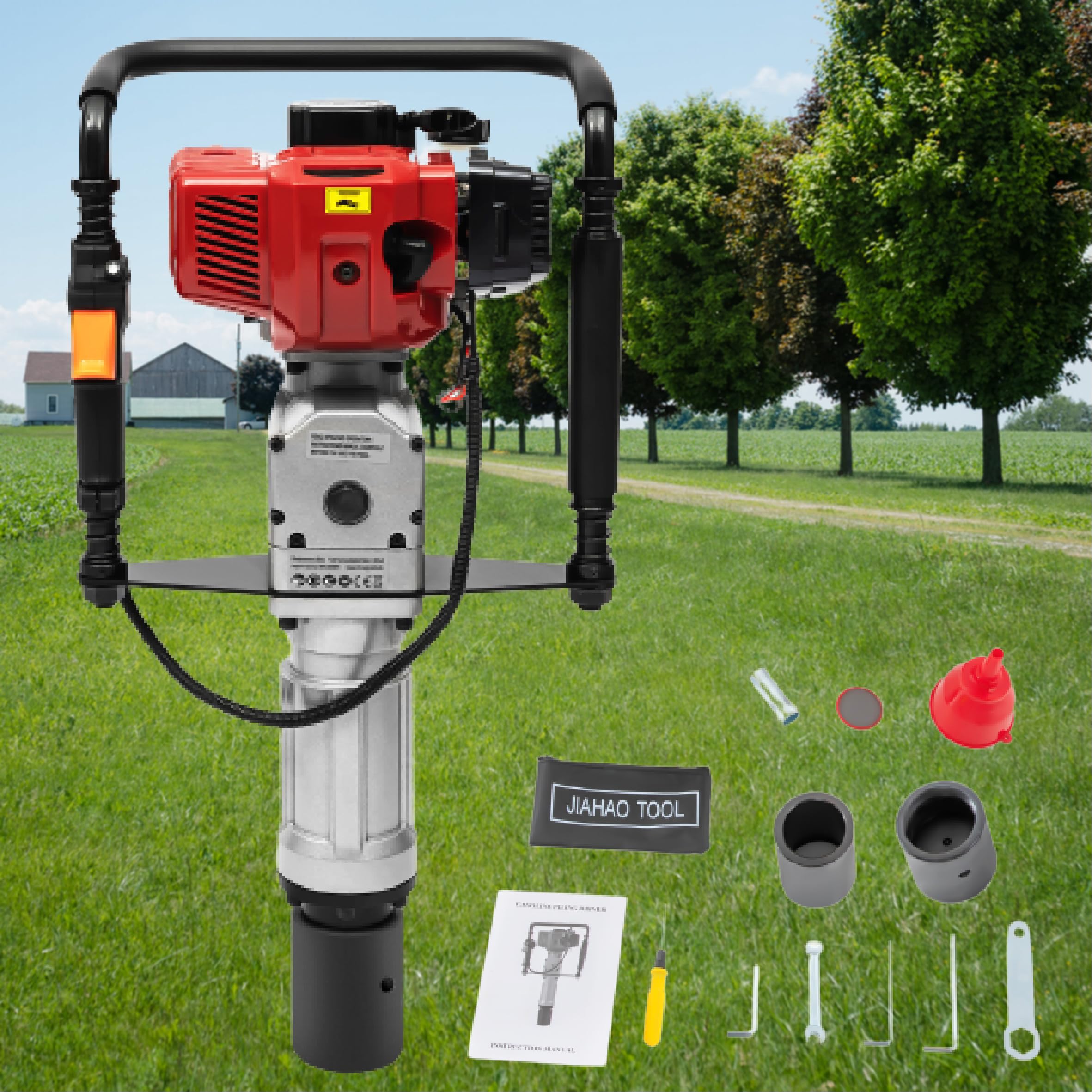 Gas Powered Piledriver 52CC 2.3HP T-Post Driver Pile Driver 2-Stroke Power Hammer Drills w/ 2PCS Post Driving Head Fence Post Hole Digger Post Driver Pole Pounder Garden Fencing Tool